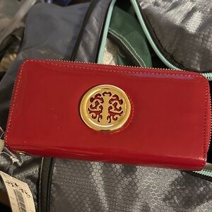 Red Patent Zip-Around Wallet with Gold Medallion Accent